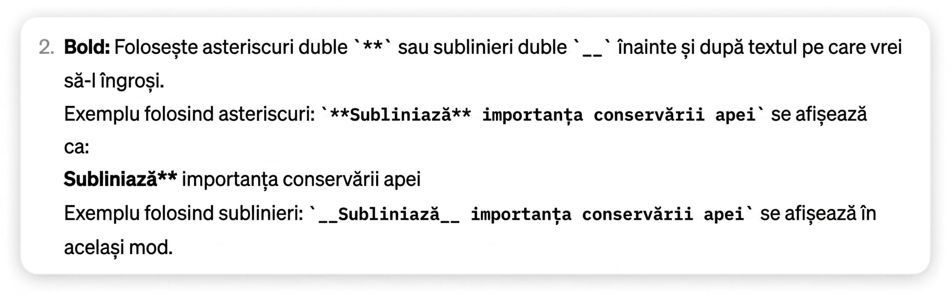 Exemple de evidențiere a textului cu asteriscuri sau liniuțe de subliniere