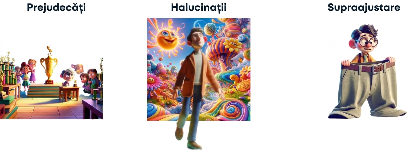 Ilustrații cu un copil la birou cu un premiu, o persoană halucinând și un tânăr cu pantaloni supradimensionați