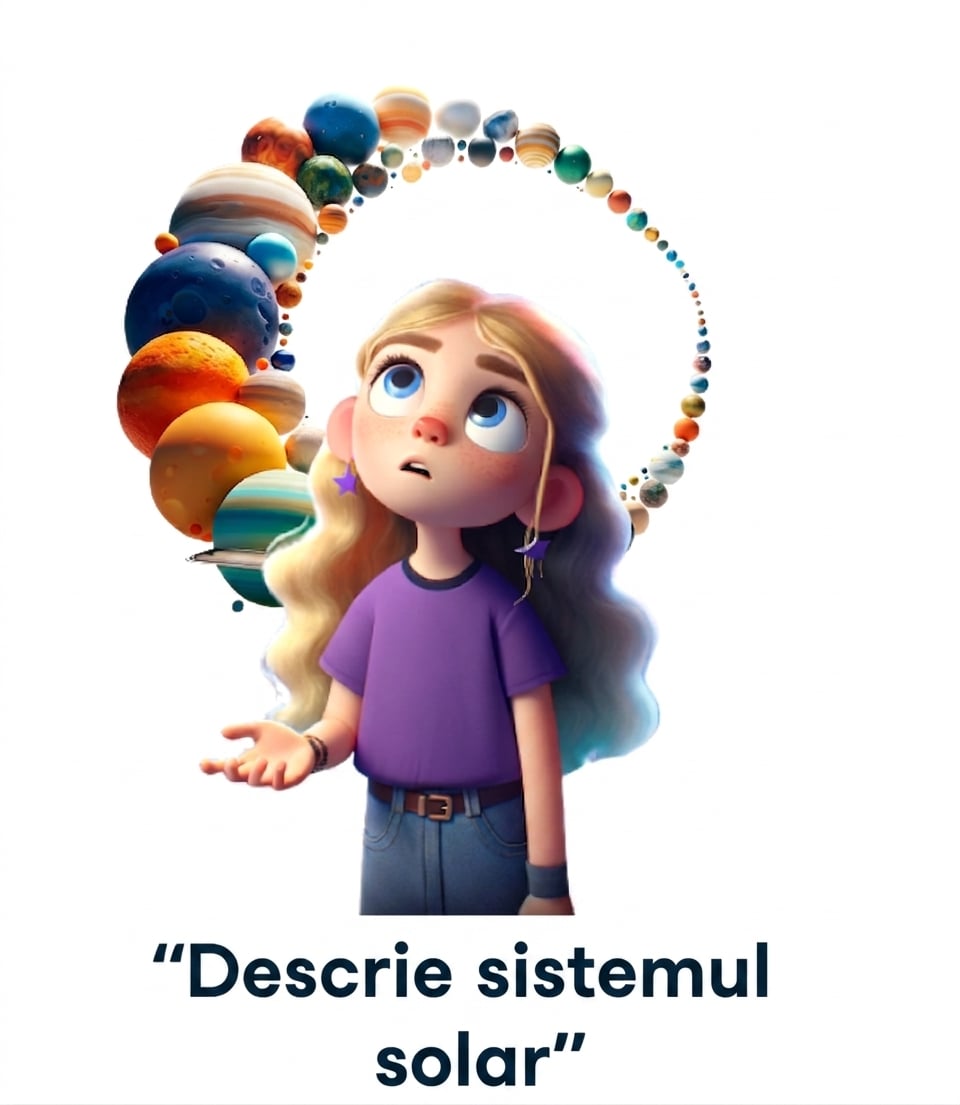 Persoană tânără cu promptul „descrie sistemul solar"
