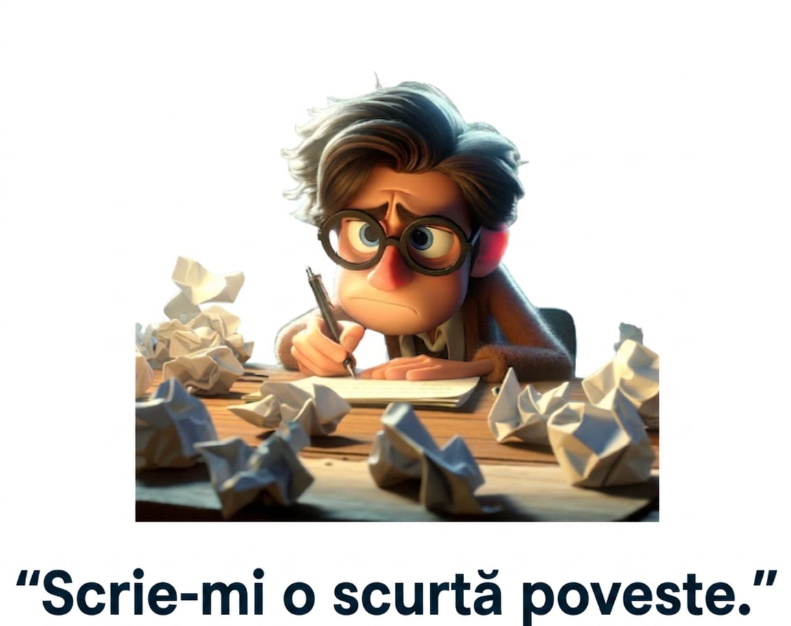 Persoană confuză și obosită cu promptul „scrie-mi o poveste scurtă"
