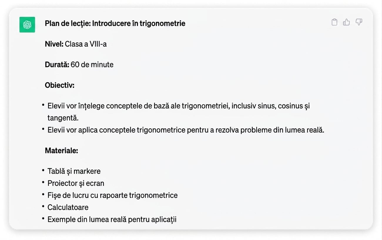 Captură de ecran a unui plan de lecție detaliat generat de ChatGPT