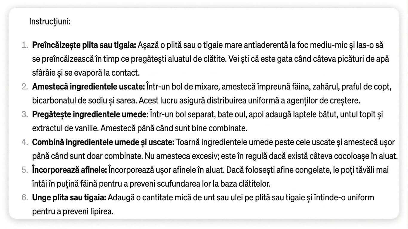 Răspunsul ChatGPT la cererea de a lista pașii pentru clătitele perfecte cu afine
