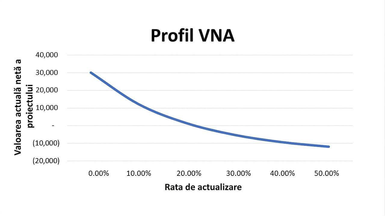 Grafic liniar cu valoarea actualizată netă pe axa y și ratele de actualizare pe axa x. Relația este exponențial negativă.