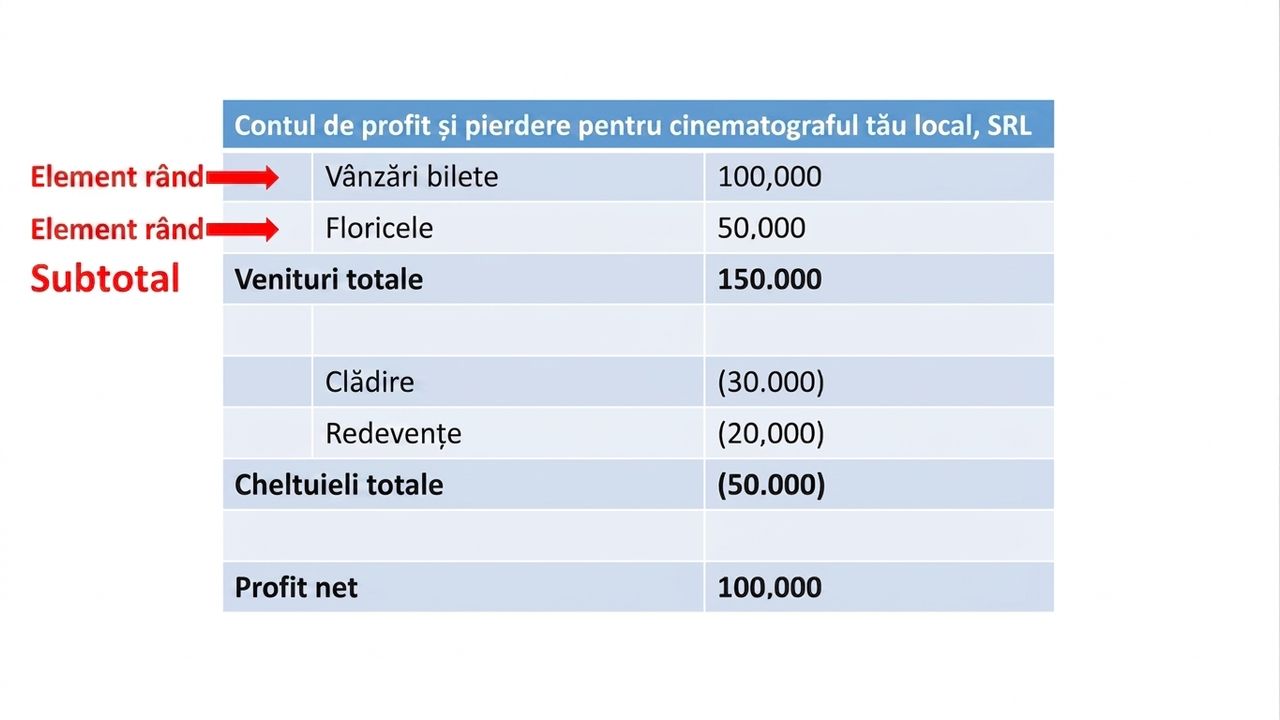 cont de profit și pierdere cu elemente și subtotaluri evidențiate pentru venituri