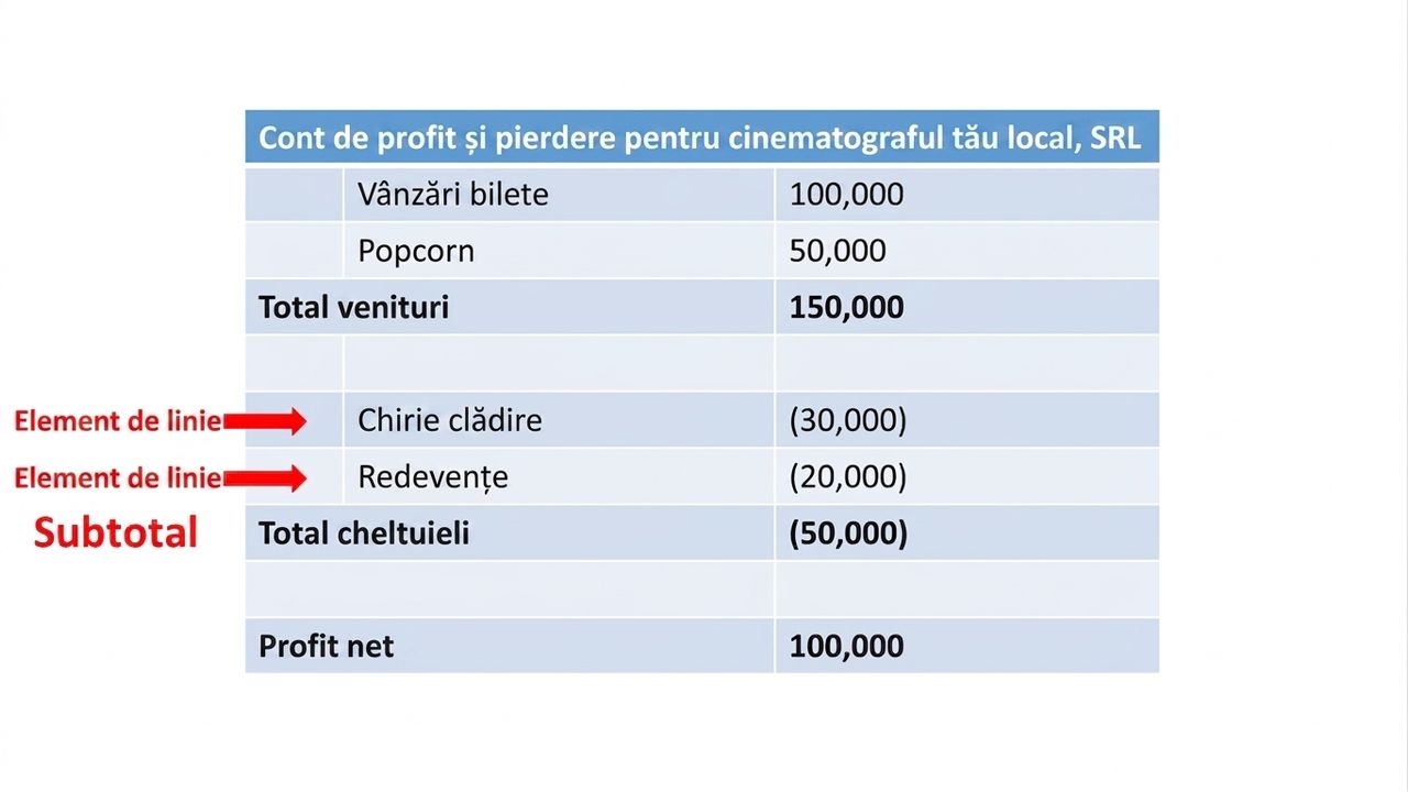 cont de profit și pierdere cu elemente și subtotaluri evidențiate pentru venituri