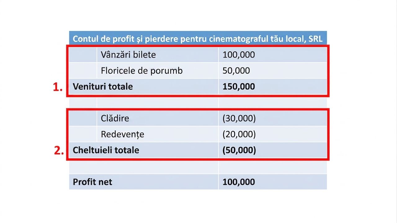 exemplu de cont de profit și pierdere cu venituri și cheltuieli evidențiate în roșu