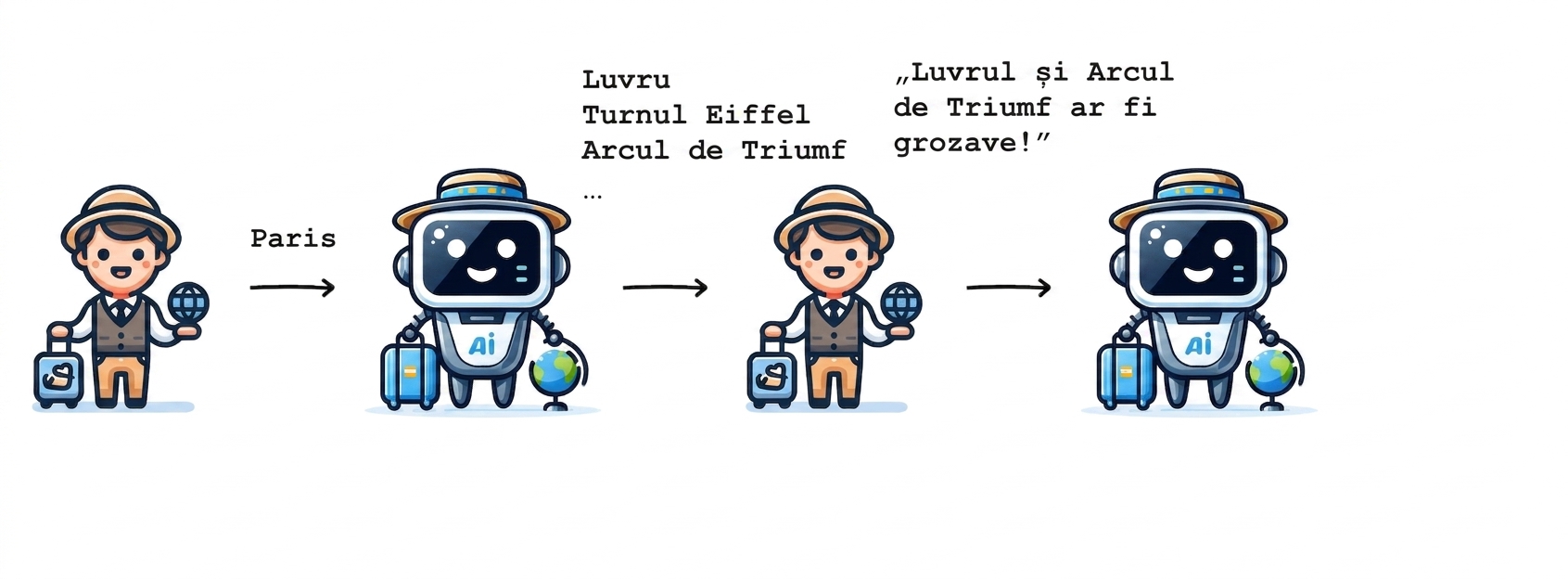 Persoana îi spune ghidului AI că dorește să viziteze Luvrul și Arcul de Triumf.