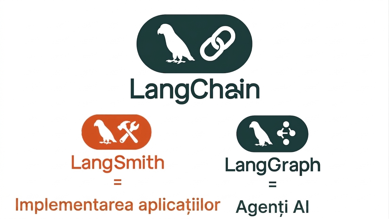 Ecosistemul LangChain format din LangChain, LangSmith și LangGraph.