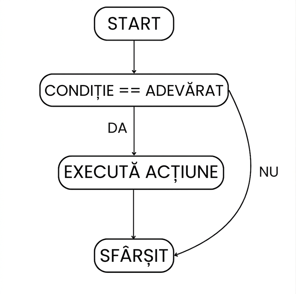 Fluxul unei instrucțiuni if: start > condiție îndeplinită > execută acțiunea > ieșire