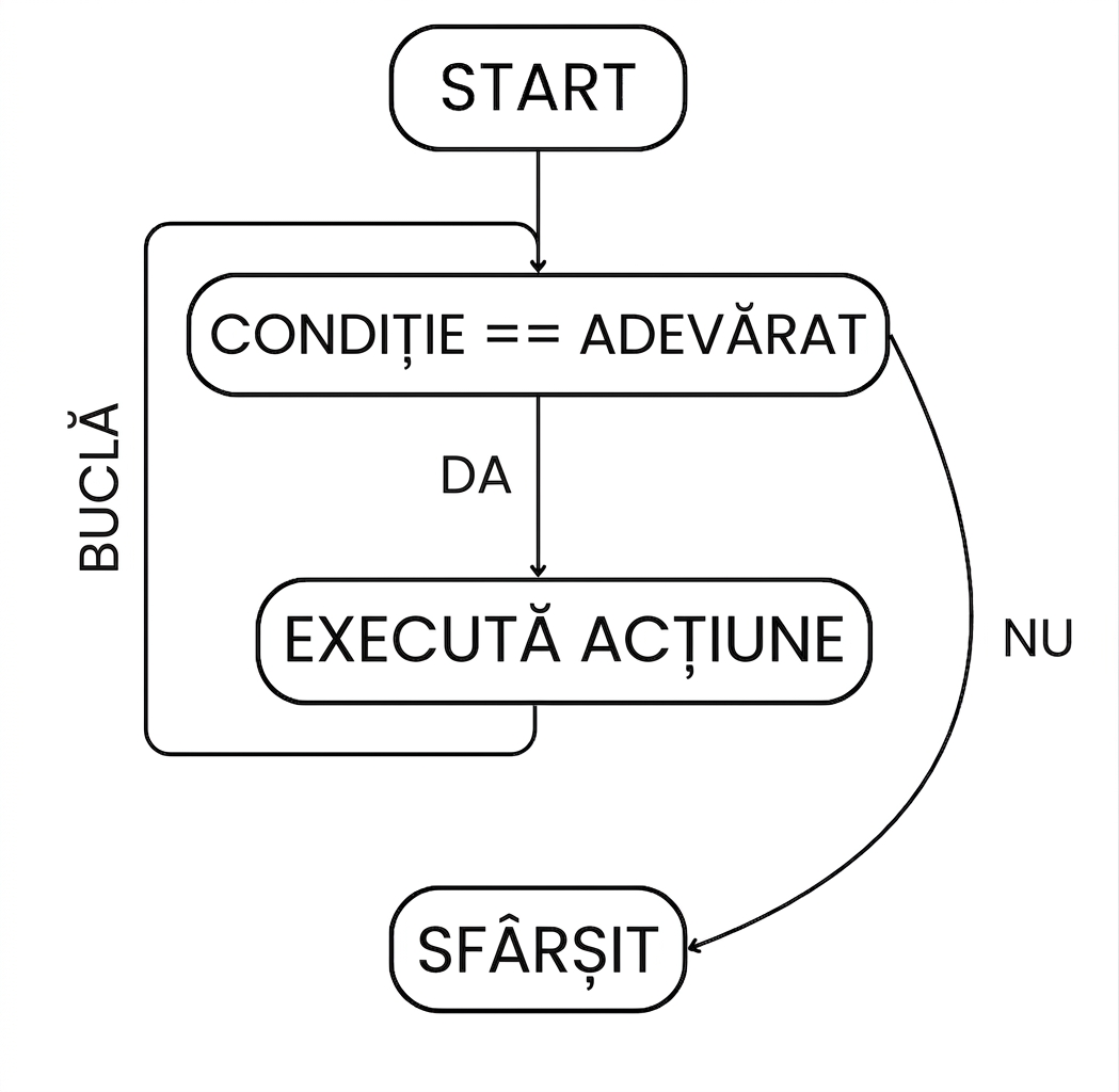 Fluxul unei bucle while: start > condiție îndeplinită > execută acțiunea > reluare > repetare până când condiția nu mai este îndeplinită