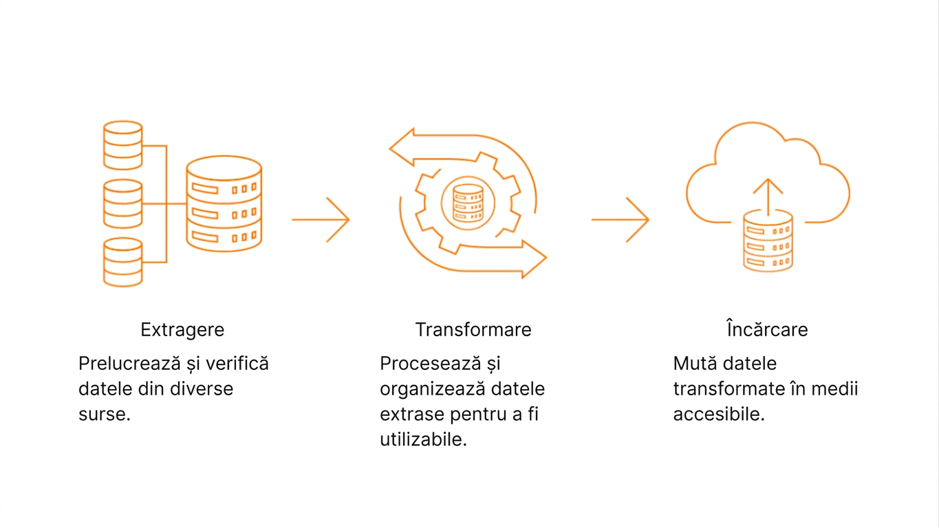 Pictograme de baze de date, roți dințate și cloud-uri reprezentând procesul ETL