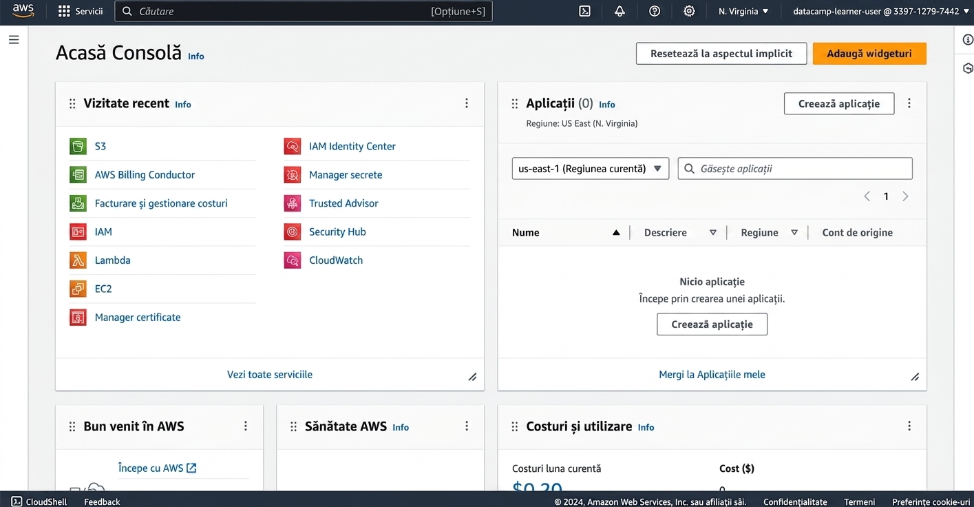 Pagina de start AWS în sandbox