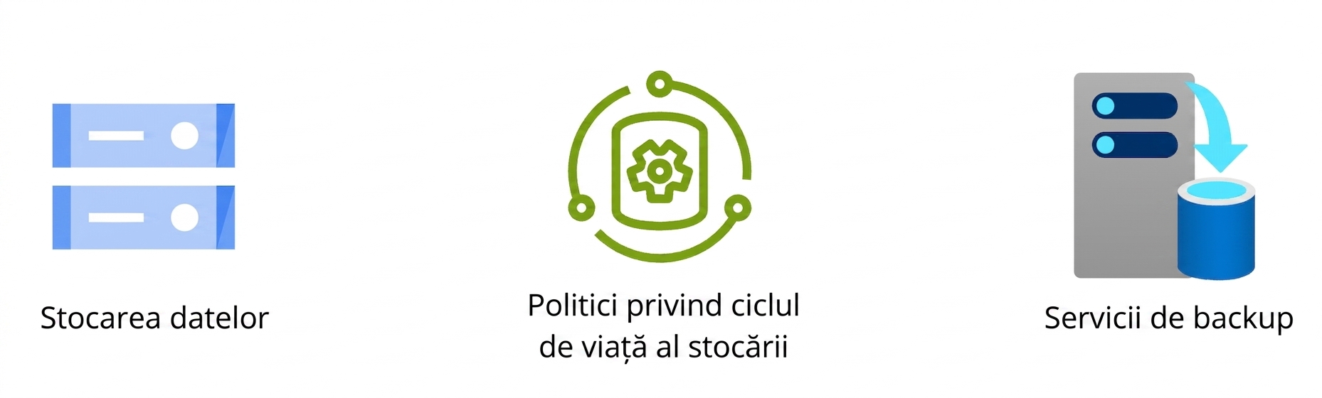 Trei pictograme reprezentând stocarea datelor, politicile de ciclu de viață și serviciile de backup.