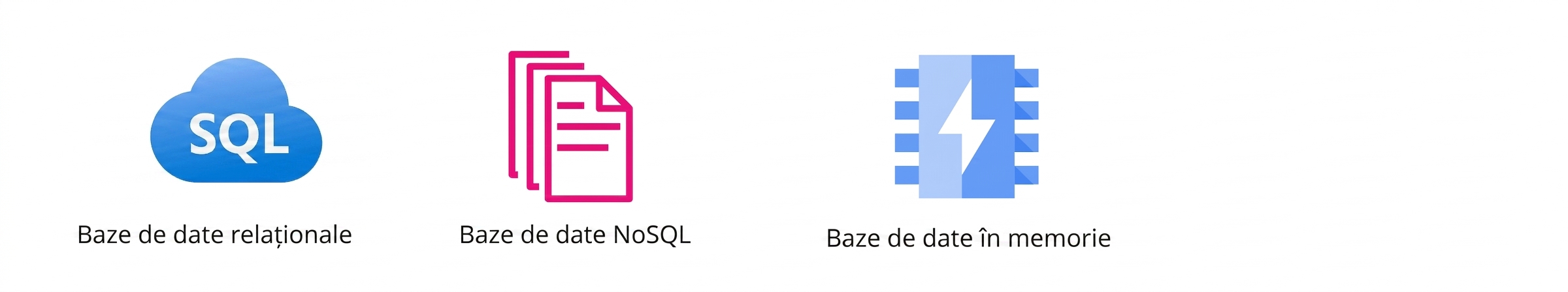 Pictograme reprezentând baze de date relaționale, NoSQL și bazate pe memorie.