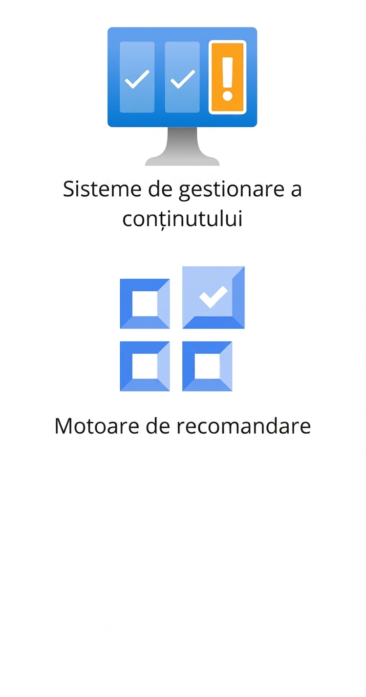 Pictograme reprezentând sisteme de gestionare a conținutului și motoare de recomandări.