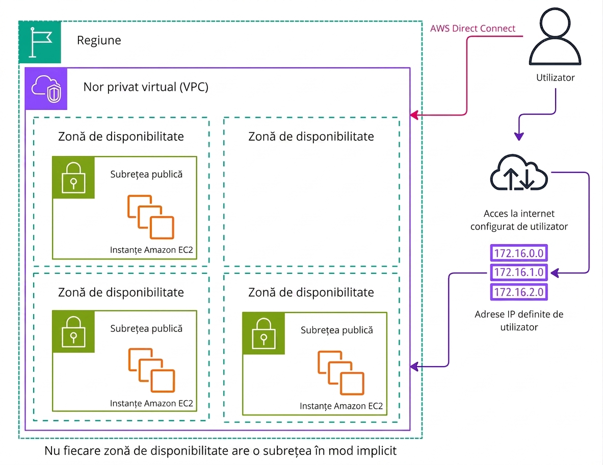 Diagramă arhitecturală care explică VPC-ul personalizat în AWS.