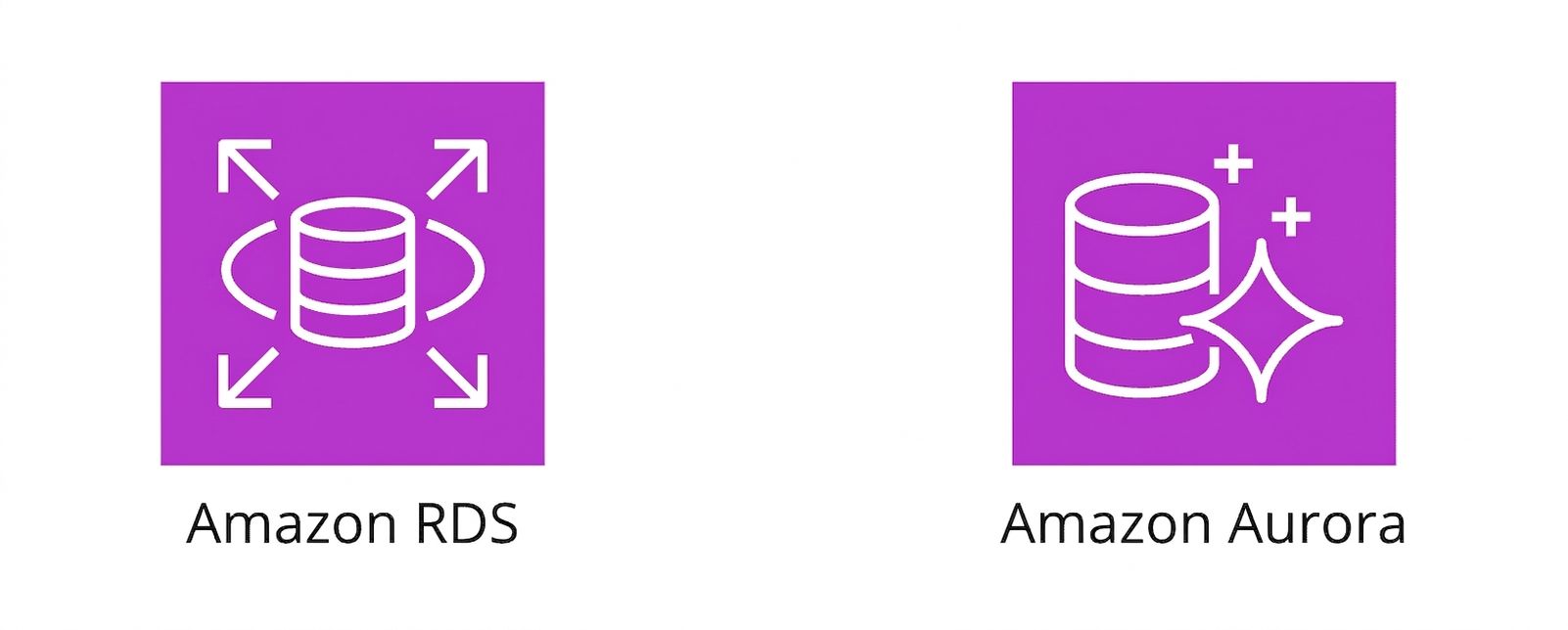 Două pictograme reprezentând Amazon RDS și Amazon Aurora.