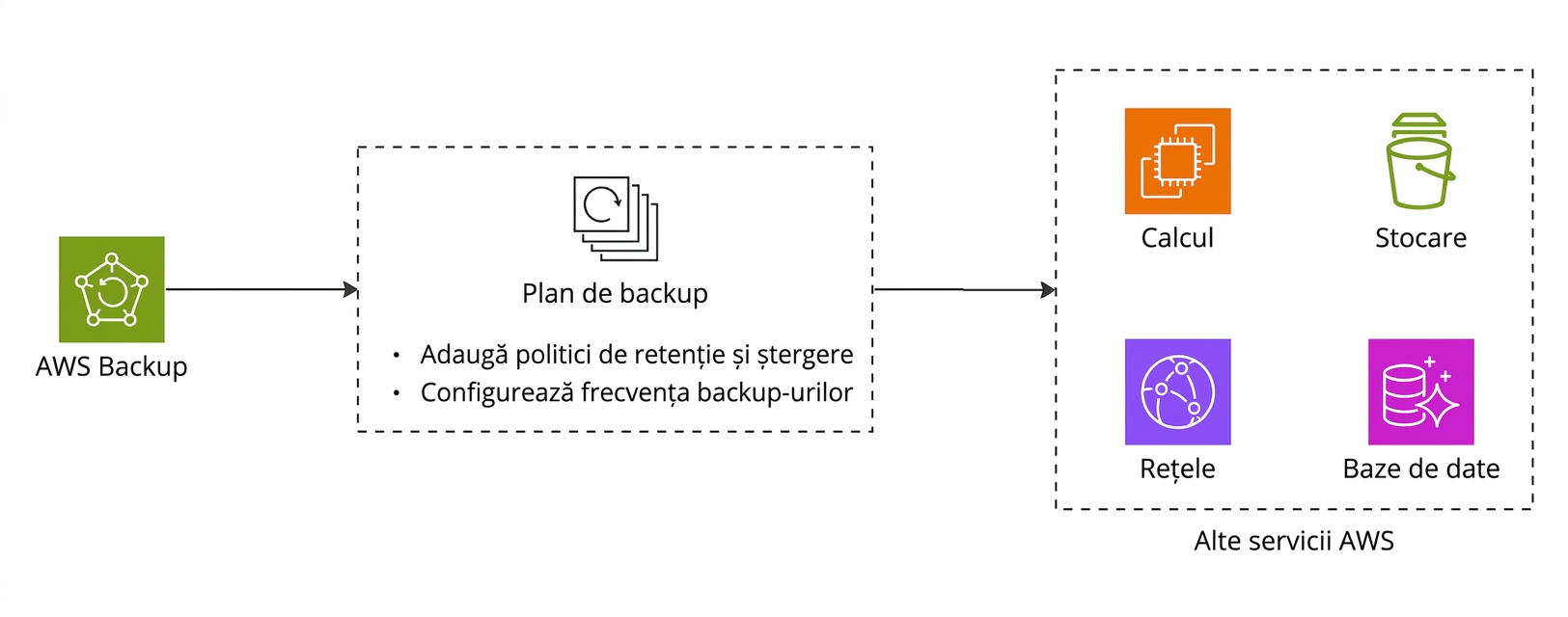 Diagramă flux explicând AWS Backup.