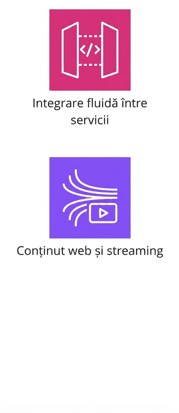 Pictograme care ilustrează integrarea între servicii și streaming-ul conținutului web.