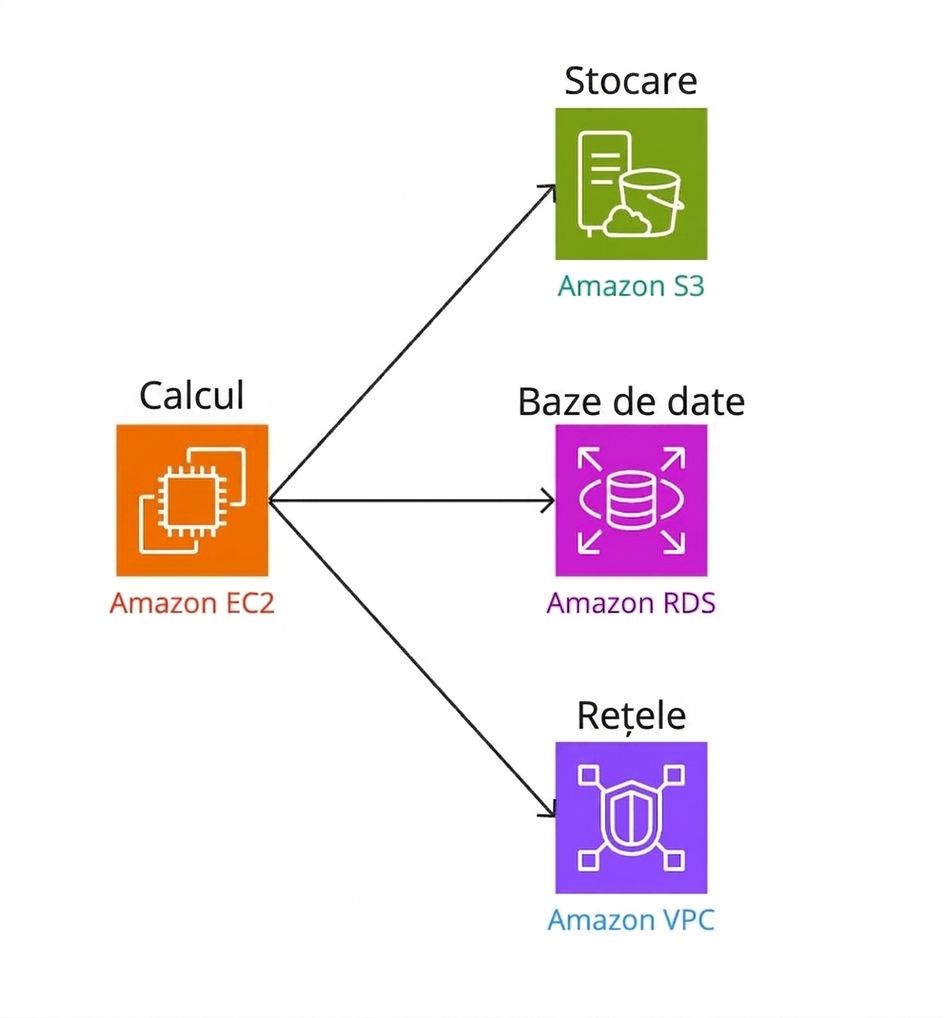 Diagramă ramificată cu conexiuni EC2 la stocare, baze de date și rețele.