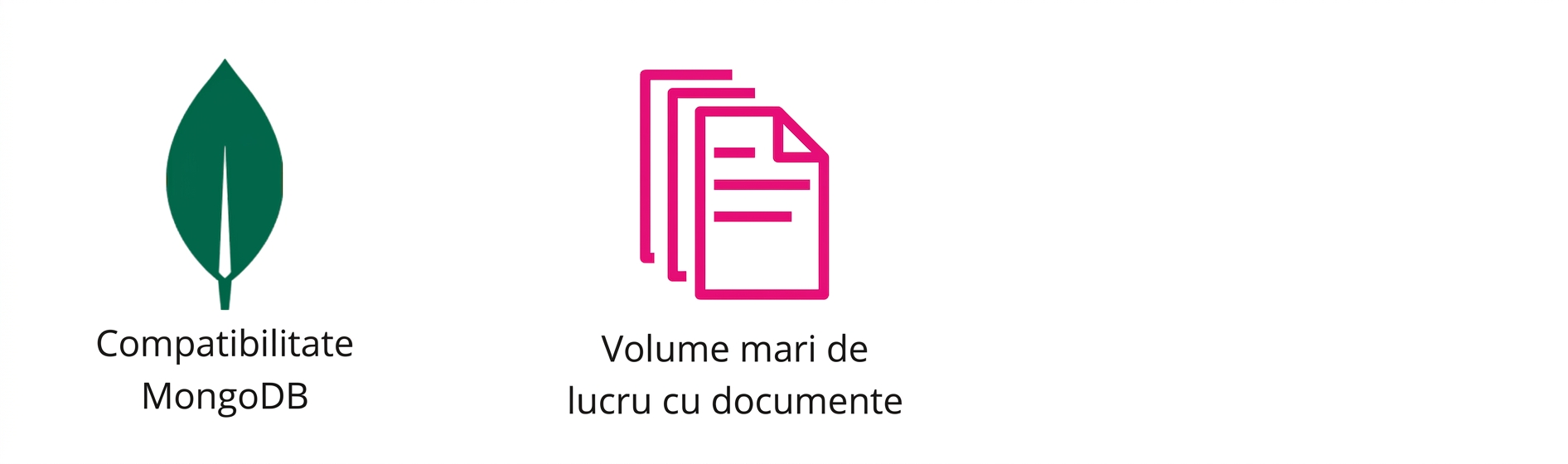 Pictograme reprezentând MongoDB și sarcini de lucru intense cu documente.