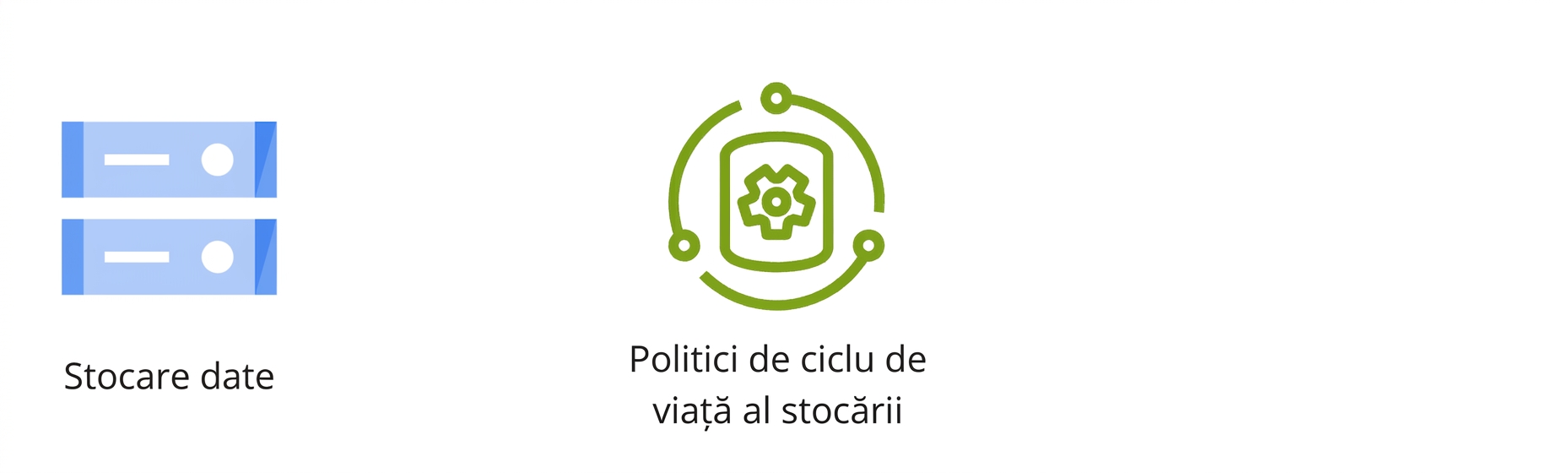 Două pictograme reprezentând stocarea datelor și politicile de ciclu de viață.