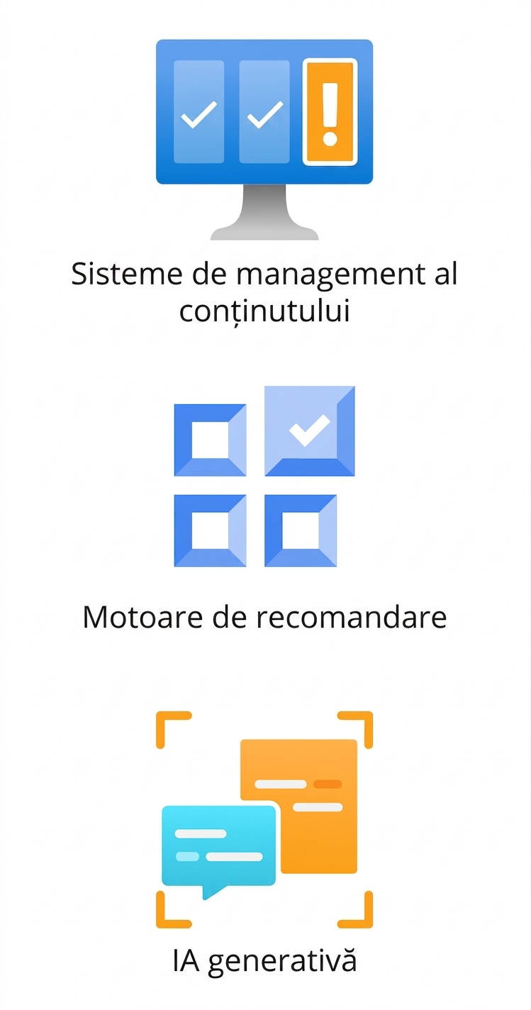 Pictograme reprezentând sisteme de gestionare a conținutului, motoare de recomandări și inteligență artificială generativă.
