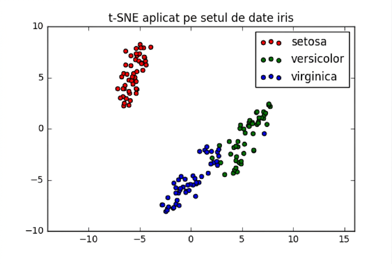 grafic scatter t-SNE aplicat pe setul de date Iris