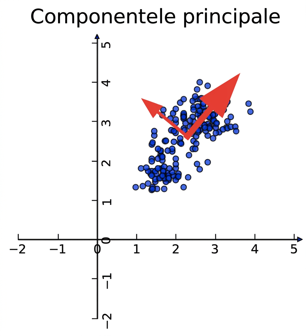 diagramă dispersie a datelor despre vinuri cu 2 săgeți roșii indicând direcția componentelor principale (axe rotite)