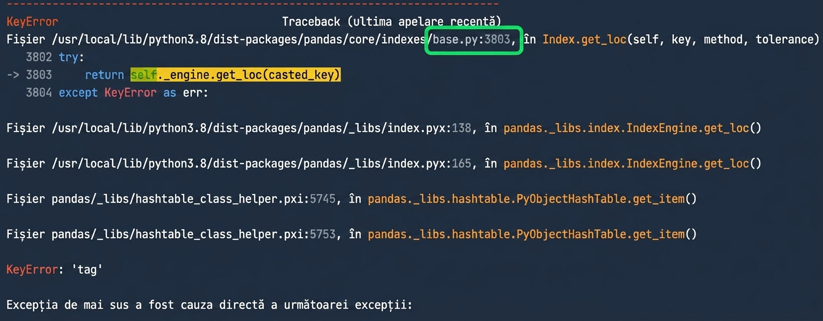 Traceback cu base.py evidențiat