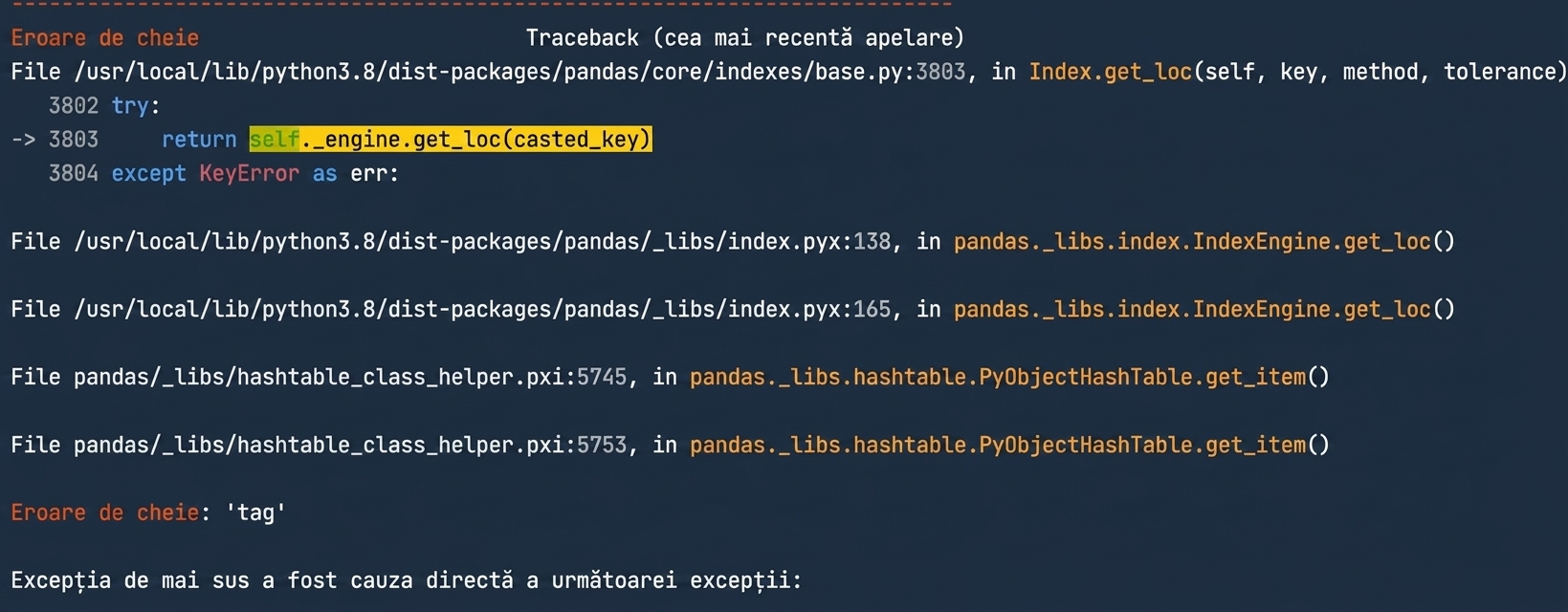 Traceback cu fișierul care a generat eroarea și tipul KeyError