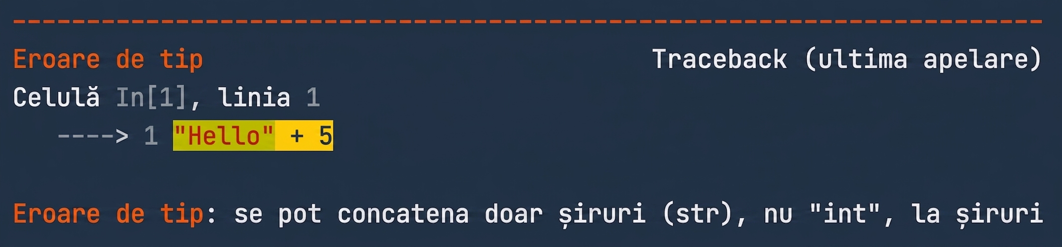 Ieșire TypeError indicând că șirurile și numerele întregi nu pot fi combinate