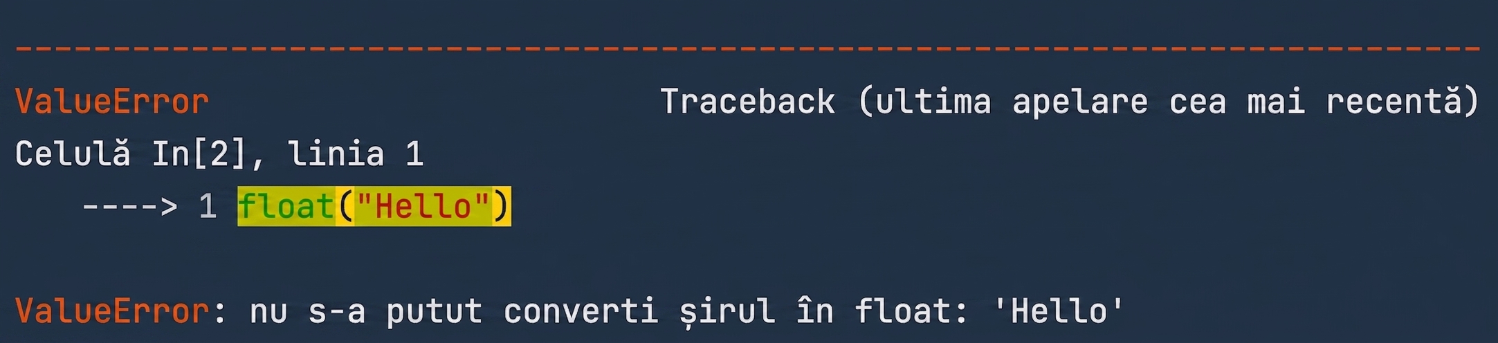 Eroare ValueError confirmând că șirul 'Hello' nu poate fi convertit în float
