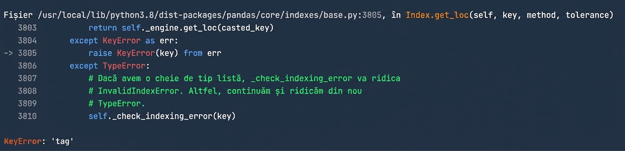 Traceback care afișează cod ce generează intenționat o eroare
