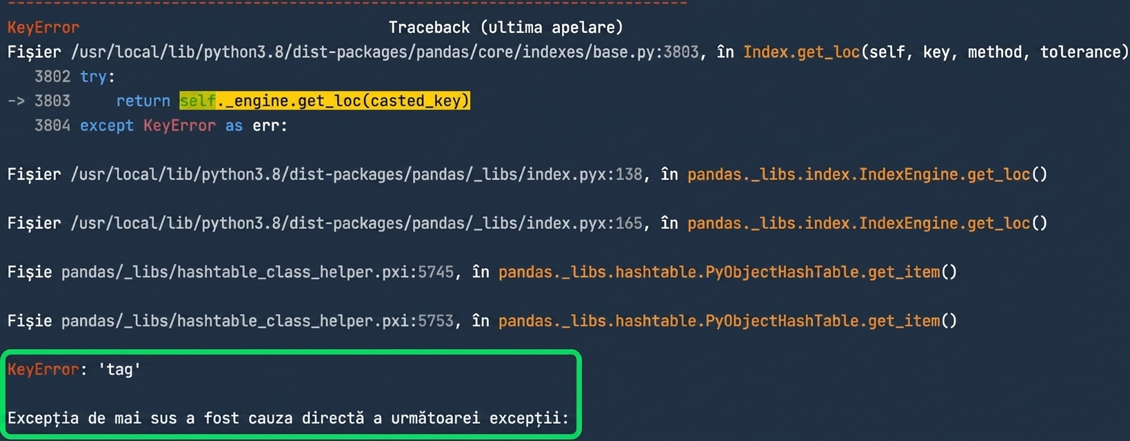 Traceback cu KeyError evidențiat