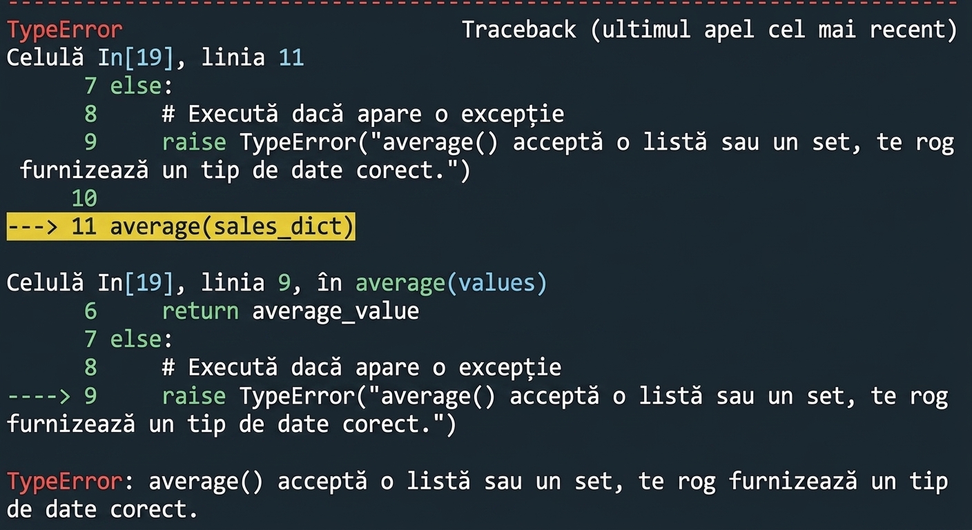 Ieșire TypeError cu mesajul personalizat pentru tipul de date corect