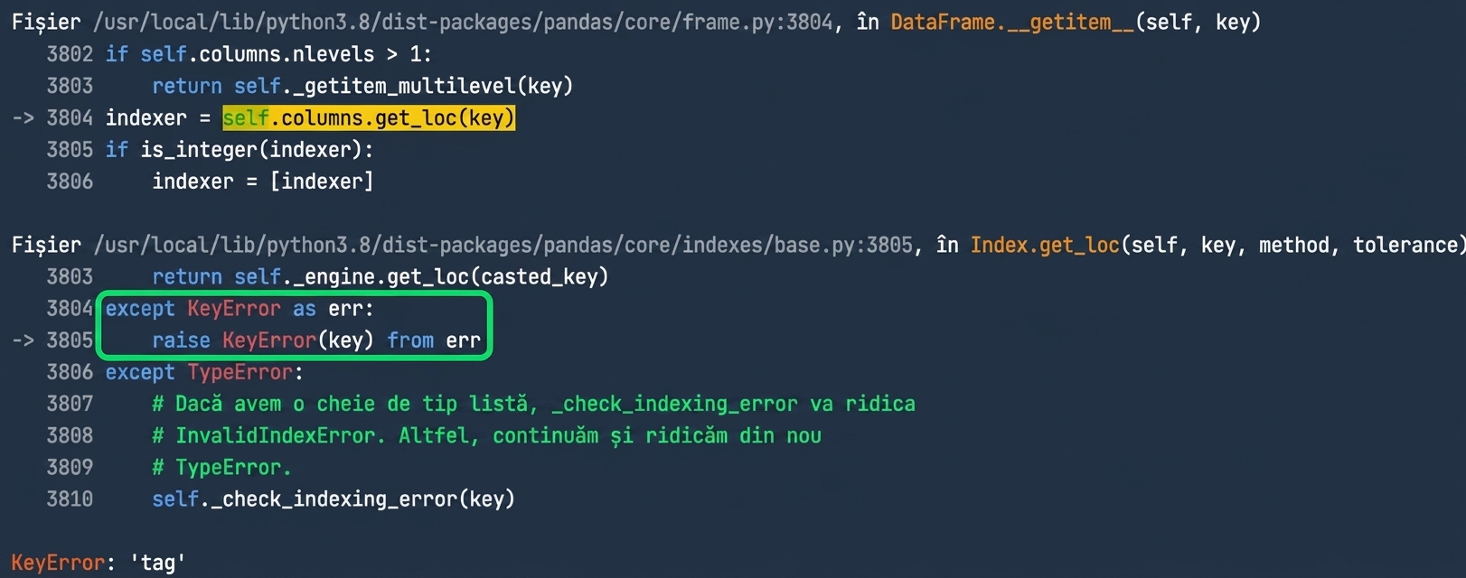 Traceback cu Raised evidențiat