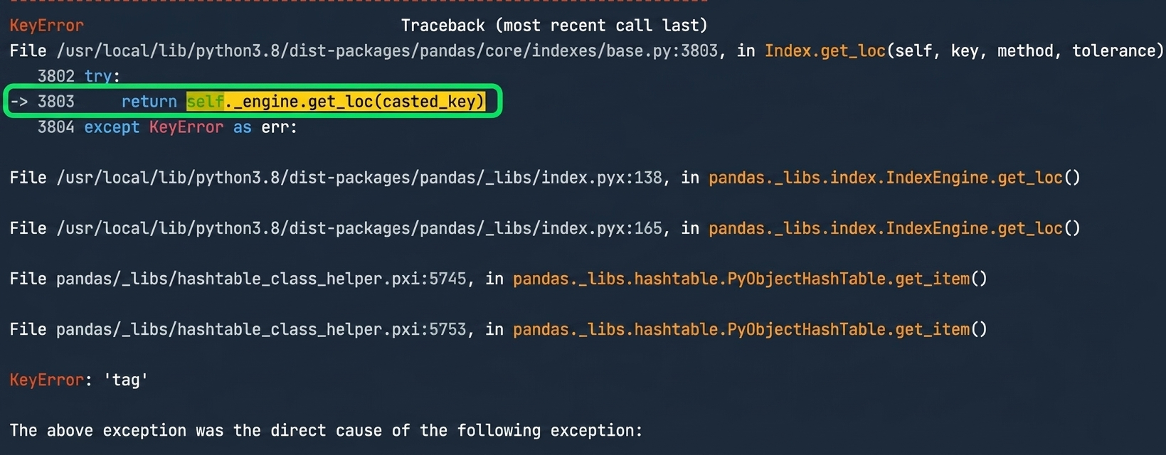 Traceback cu linia 3803 evidențiată