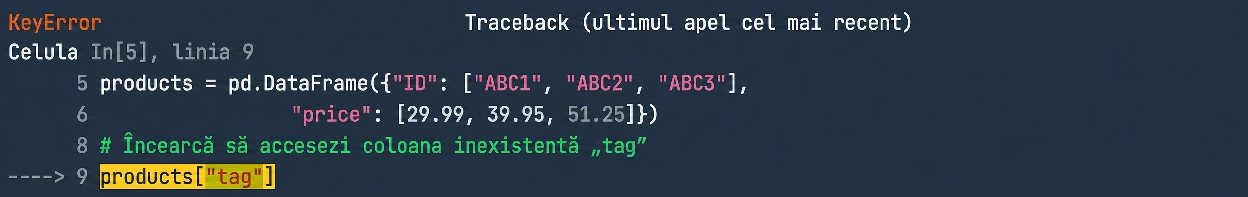 Traceback cu linia din codul nostru care a cauzat eroarea