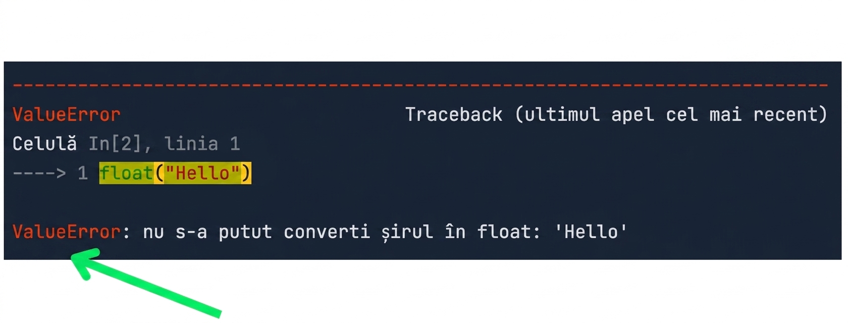 Mesaj traceback cu tipul erorii evidențiat