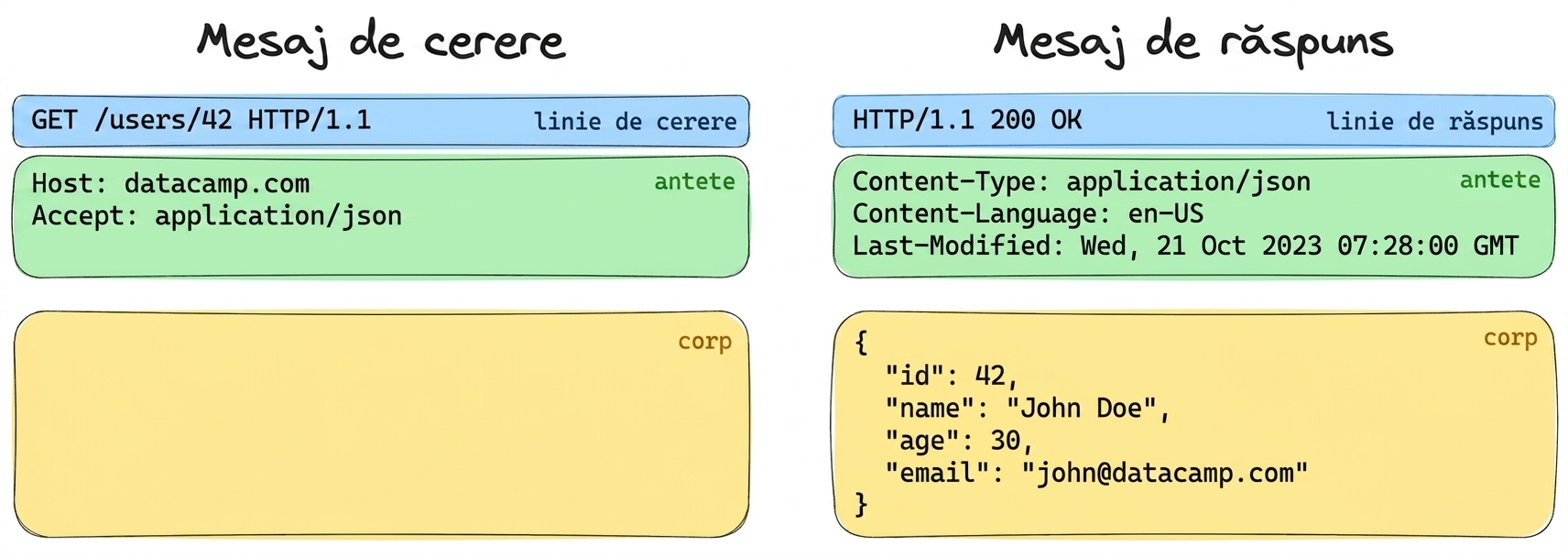 Exemplu de mesaj de cerere și răspuns. Cerere: GET /users/42 cu headere. Răspuns: 200 OK cu corp JSON conținând informații despre utilizator.
