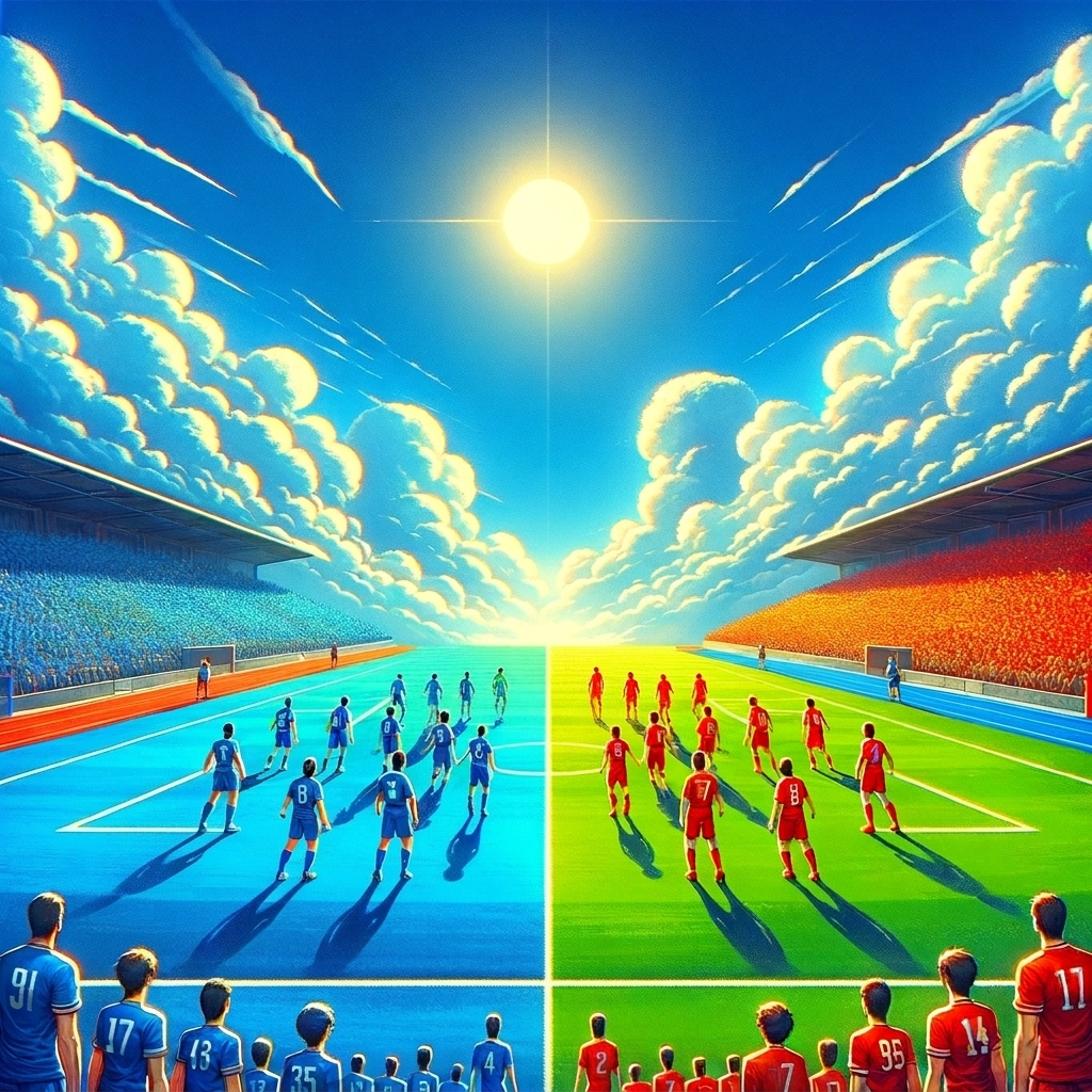 Imagine cu echipe de fotbal roșu și albastru jucând una împotriva celeilalte