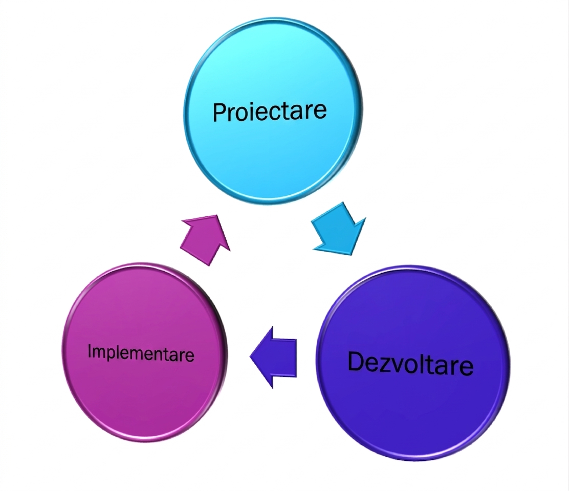 O diagramă cu trei elemente: Design, Dezvoltare, Implementare, cu Design în vârf