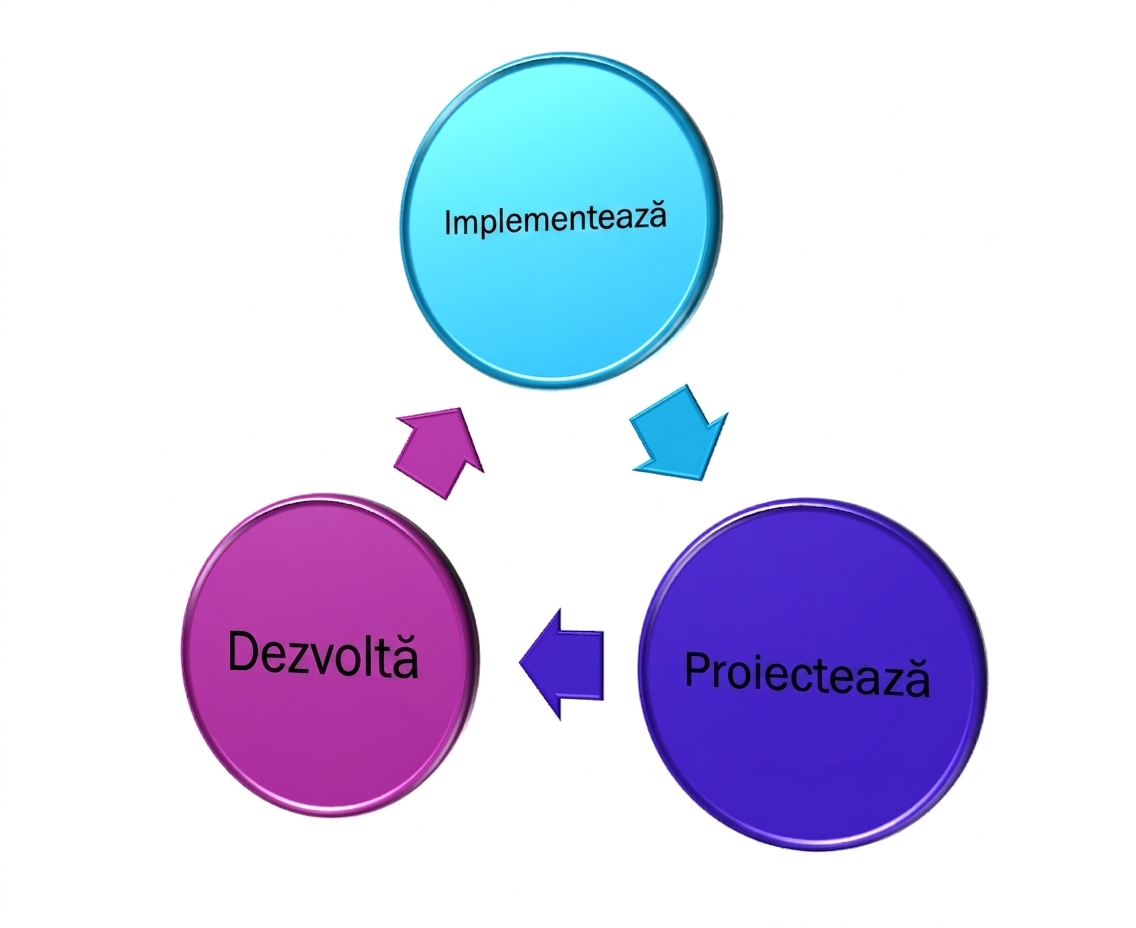 O diagramă cu trei elemente: Design, Dezvoltare și Implementare, cu Implementare în vârf