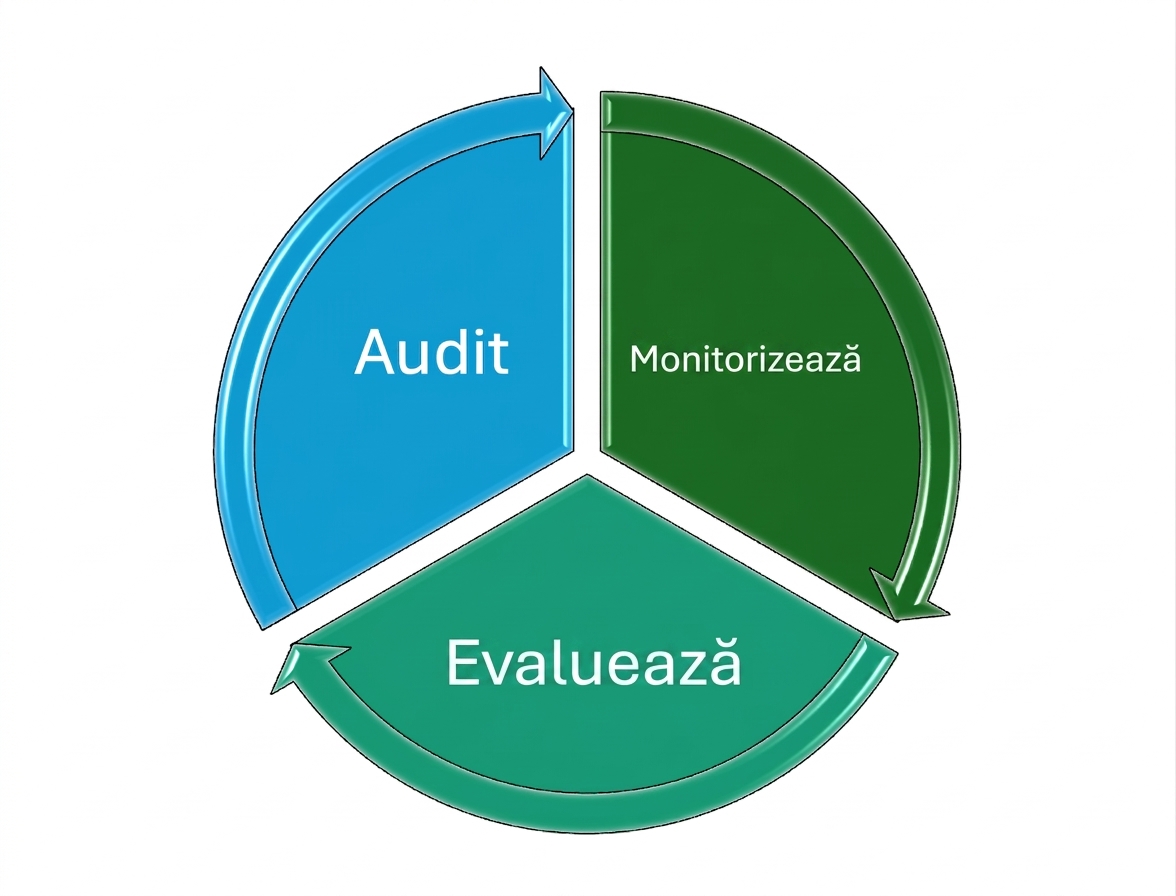 O diagramă circulară cu trei elemente: Monitorizare, Evaluare și Audit