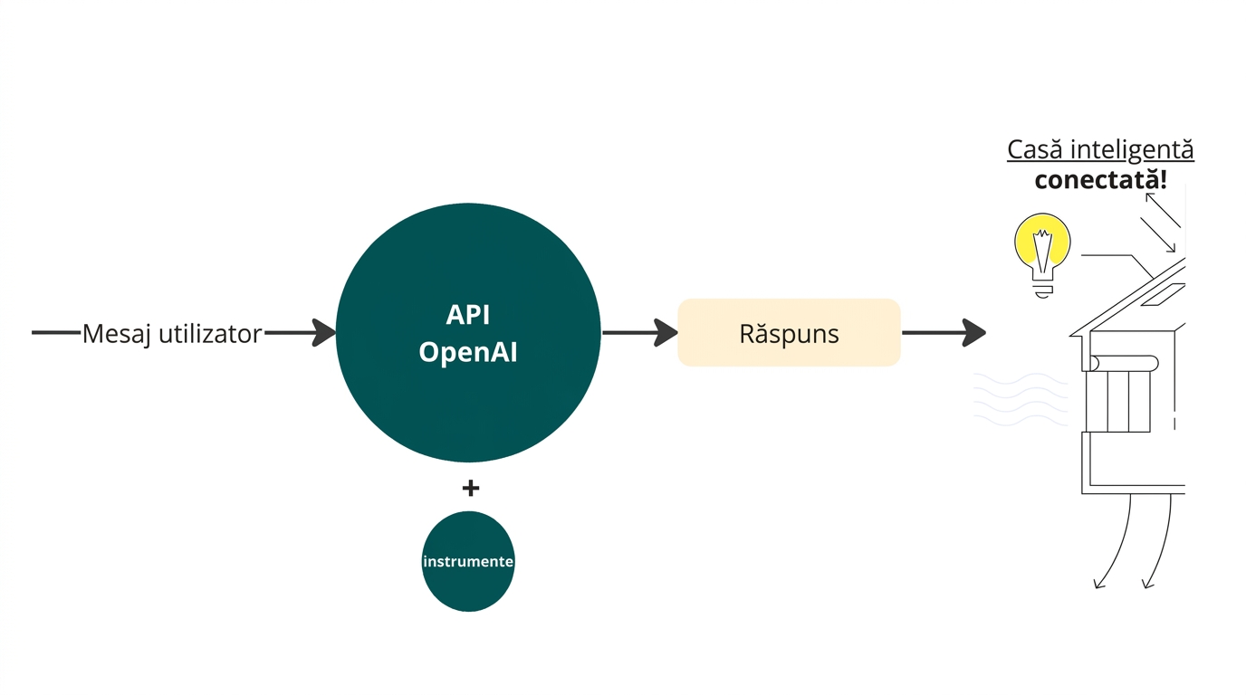 O diagramă cu un mesaj de utilizator trimis către API-ul OpenAI cu opțiunea tools, cu un răspuns conectat la o casă inteligentă cu un bec conectat