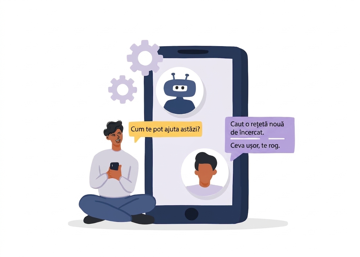 O ilustrație cu un client care discută cu un bot de asistență