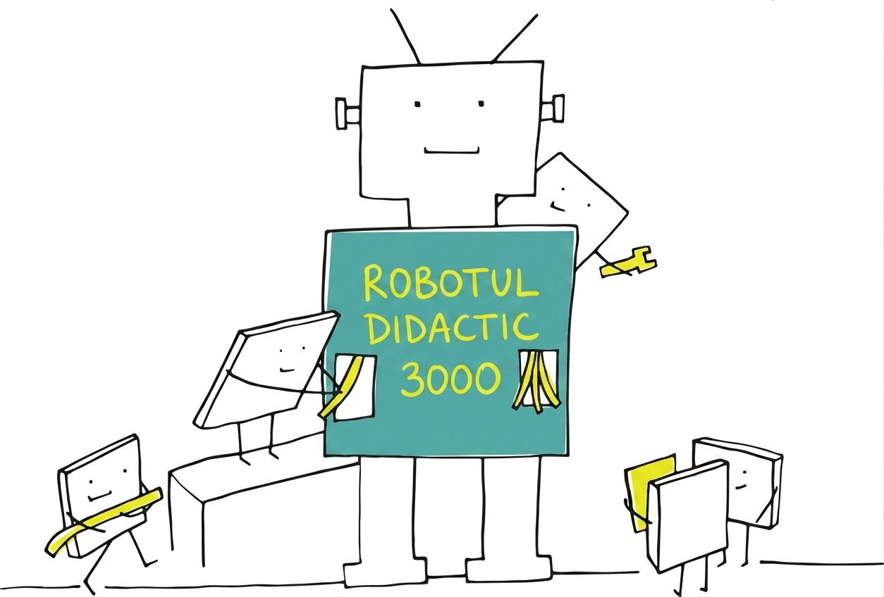 Imagine jucăușă cu personaje de desene animate construind un robot de mari dimensiuni