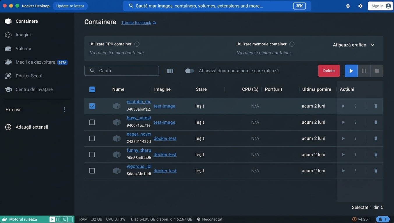Docker Desktop - Captură de ecran a aplicației
