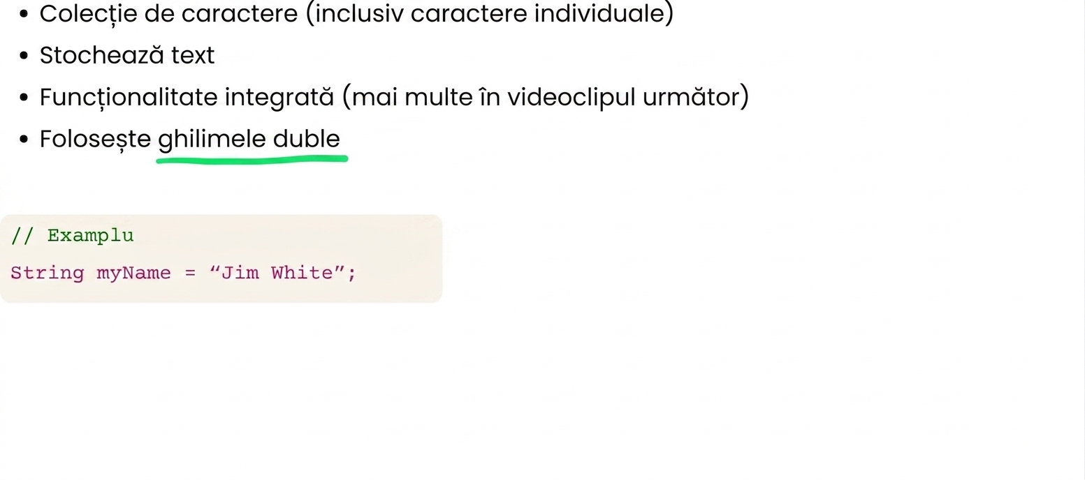 Strings reprezintă o colecție de caractere între ghilimele duble